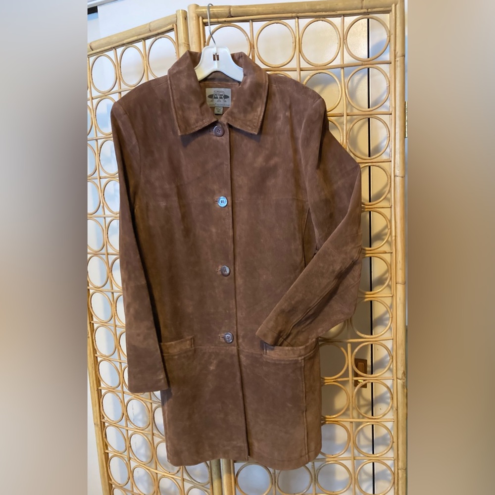 Bernardo washable, chocolate, brown suede, leather trench, coat size medium